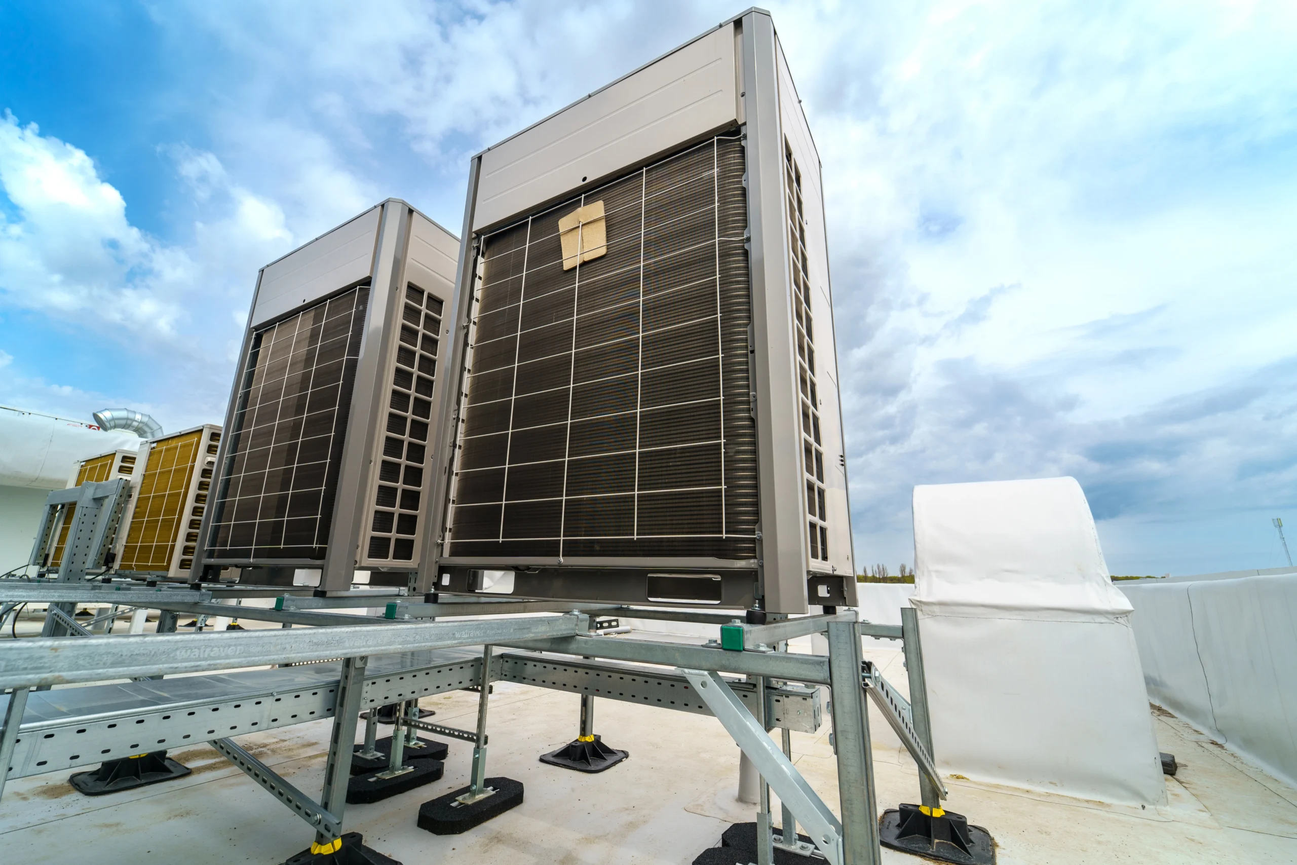 Large rooftop VRV or VRF HVAC units for commercial building cooling system.